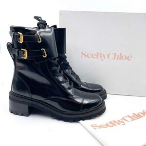 See by Chloe Mallory Boots Black Leather Buckle Combat Sz 40 / 10 US